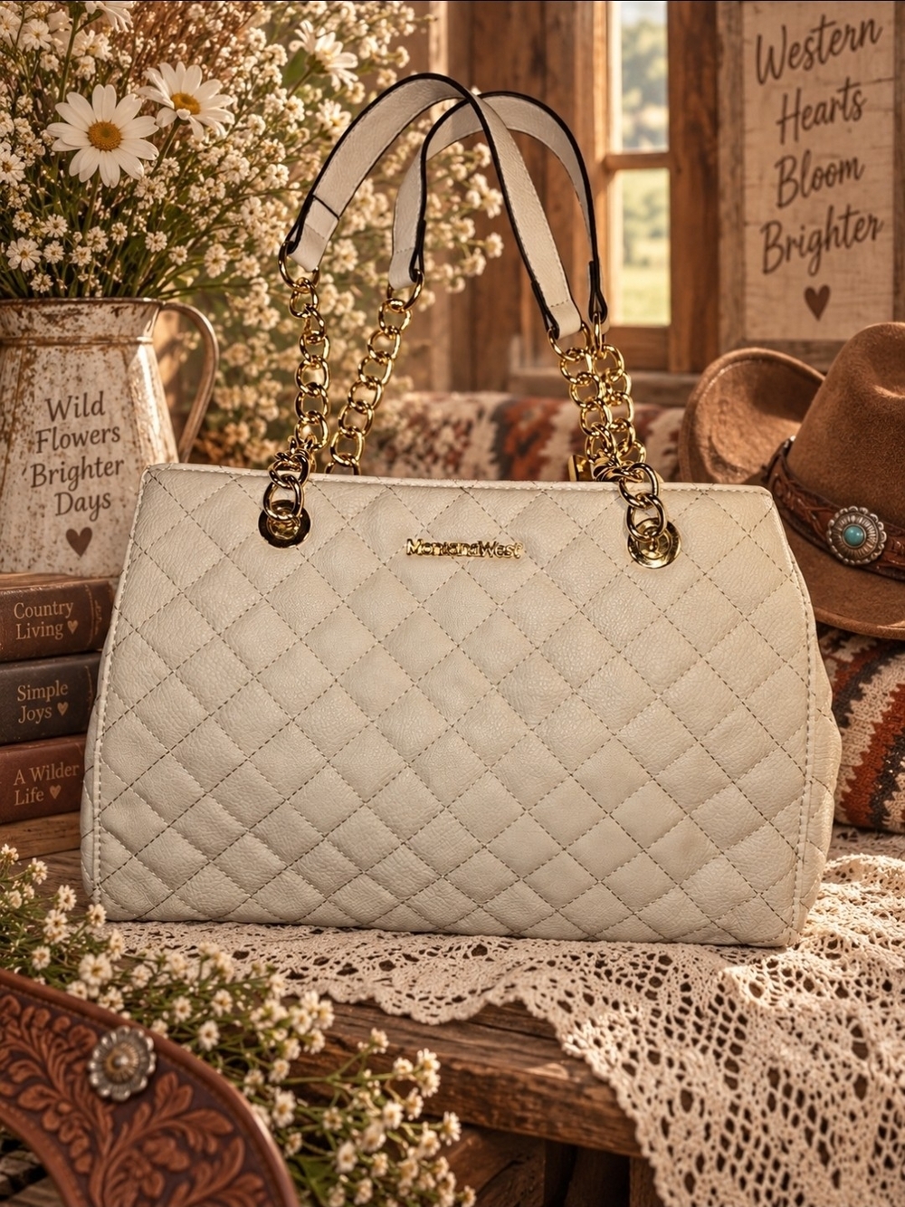 Montana West Cream Quilted Shoulder Bag Gold Chain Handles